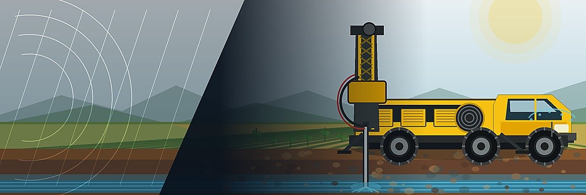 Illustrated truck-mounted borewell rig drilling beside agricultural fields with groundwater layers below